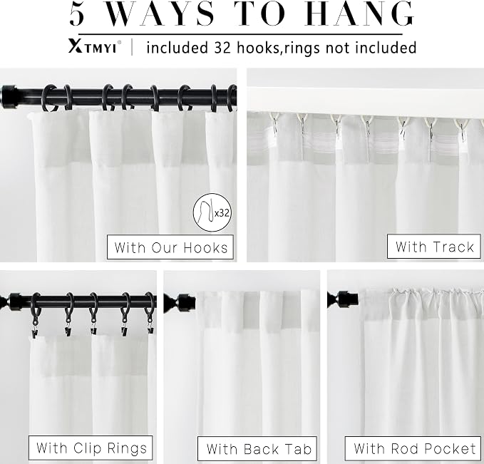 XTMYI White 90 Inch Length Back Tab/Hook Belt Linen Cotton Sheer Curtains for Bedroom 2 Panels,70 Inch Wide