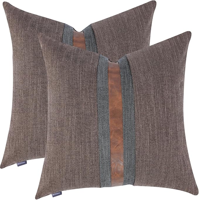 Set of 2 Leather Throw Pillow Covers Cotton Linen Decor Patchwork Pillow Cover Faux Leather Pillows Cover for Couch Sofa Living Room Bedroom,Dark Coffee 22"x22"