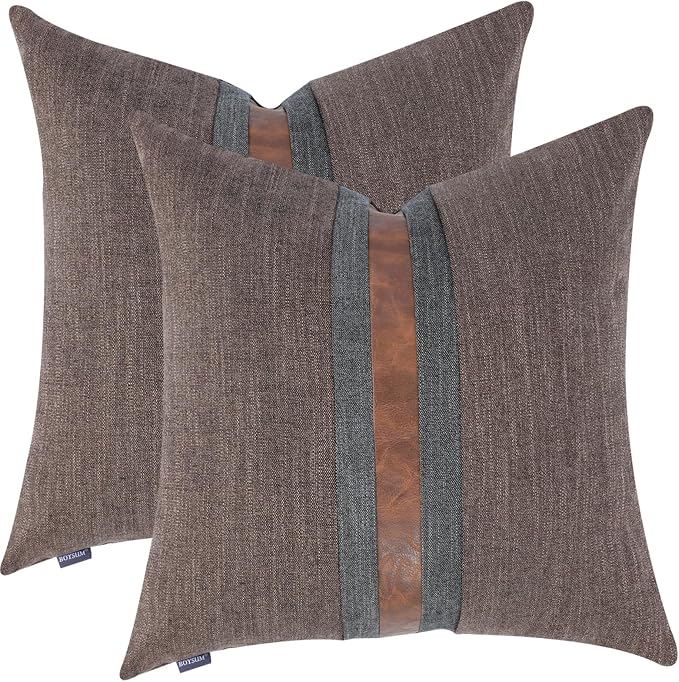 Set of 2 Leather Throw Pillow Covers Cotton Linen Decor Patchwork Pillow Cover Faux Leather Pillows Cover for Couch Sofa Living Room Bedroom,Dark Coffee 24"x24"
