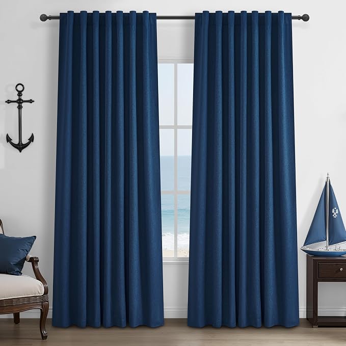 Navy Blue Blackout Curtains 90 Inch Length for Kids/Boys Rooms/Bedroom, Floor to Ceiling Track Pleated Drapes with Hooks Linen Thermal Coastal Curtain Dark Blue Window Burg 50"Wx90"Lx 2Panels Back Tab