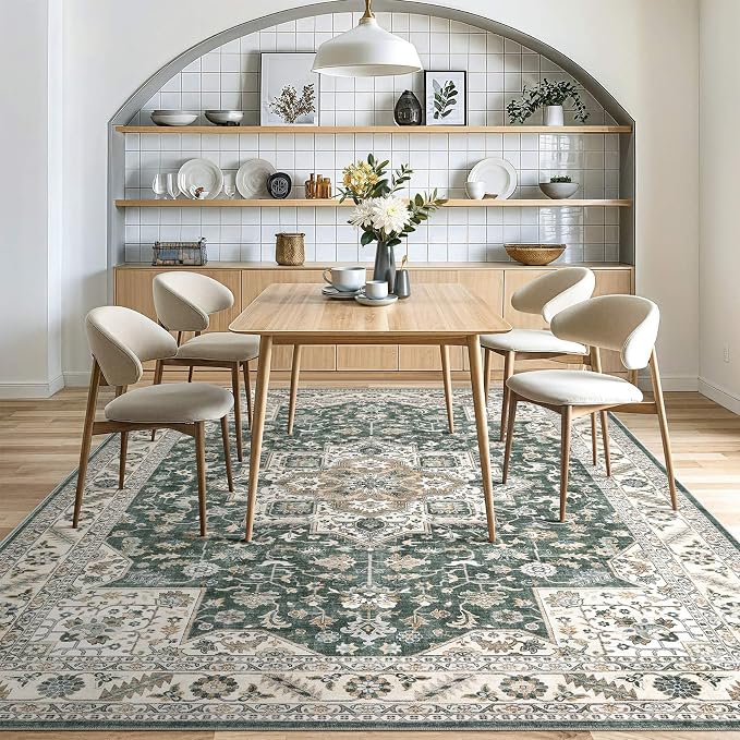 Vintage Living Room Area Rug 8x10 - Large Soft Washable Oriental Traditional Distressed Farmhouse Rugs for Bedroom - Indoor Floor Accent Carpet for Home Office House Decor - Vintage Green