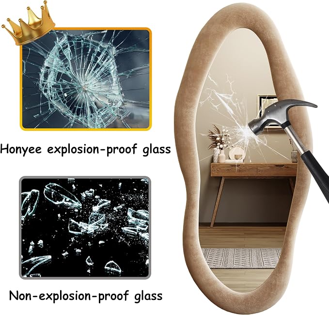 Honyee 55" x 24" Wall Mirror, Flannel Wrapped Wooden Frame Wavy Mirror, Irregular Mirror Hanging for Cloakroom/Bedroom/Living Room, Milk Tea