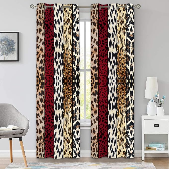 Wild Animal Print Curtain, Room Darkening Thermal Insulated Blackout Leopard Boa Window Drapes with Grommets for Living, Dining, Bedroom, Red Leopard Print, 52"x 90", 2 Panels