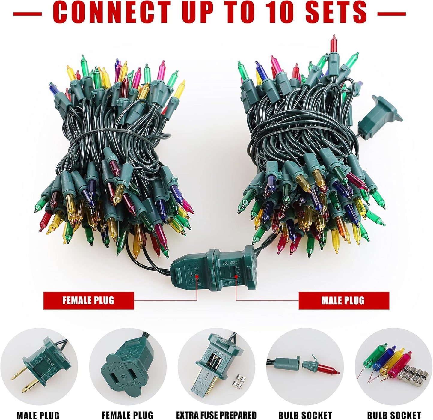 Hopolon Christmas String Lights,2 Pack 13ft 50Count Incandescent Mini String Lights Connectable, Waterproof Fairy Lights for Garden Xmas Tree Wedding Wreath Party Decoration (Multicolor 2 pcs)