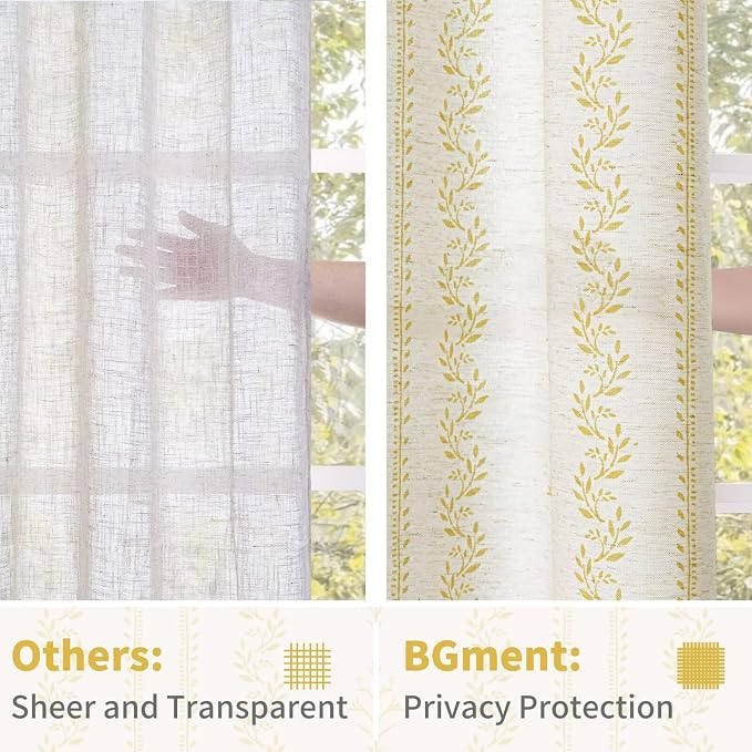 BGment Mustard Yellow Vintage Floral Linen Curtains for Farmhouse - Boho Curtains 90 Inch Long Light Filtering Window Drapes for Country Rustic Living Room, Each 52 Inch Wide, 2 Panels Set
