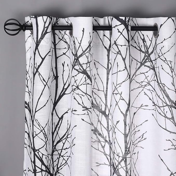 FMFUNCTEX Linen Semi Sheer Curtains for Bedroom, Black White Curtains 45 Inches Long for Living Room, Grey Tree Branch Patterned Curtain Light Filtering Kitchen Window Drapes, Grommet Top 2 Panels