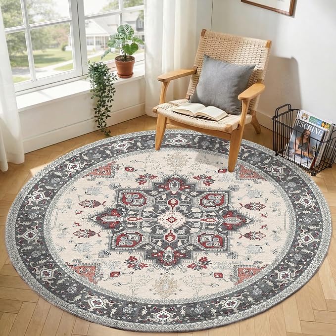OPPODREAM Soft Round Rug 4ft, Play Room Rug, Washable Circle Rug 4ft with Non Slip Backing, Small Low-Pile Area Rugs 4 ft, Faux Cashmere Throw Carpet, Black & Red