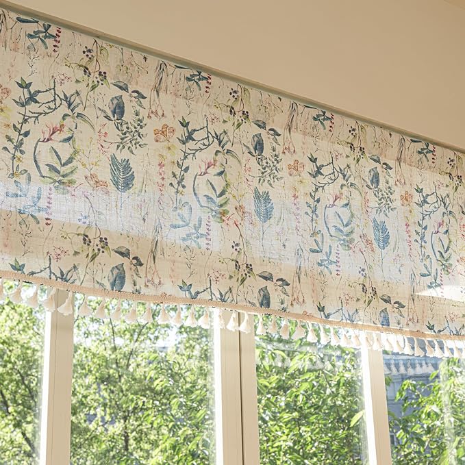 Deeprove Blue Boho Kitchen Valance Printed for Bedroom Living Room Cafe Botanical Florals Curtain with Tassel Vintage Bohemian Retro Window Small Short Treatment Light Filtering 1 Panel 52W x 18L