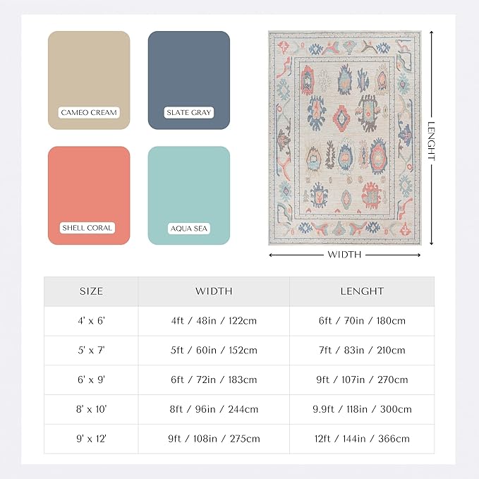 Beige Oushak Large Area Rug 9x12 - Washable Vintage Turkish Non-Slip Backing Pastel Oversized Large Rugs for Living Room Dining Room, Bedroom, Lounge, Farmhouse
