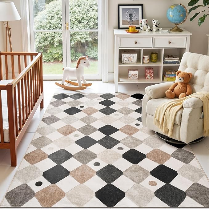 jinchan Macy 5x7 Area Rug for Kids Room Black and White Modern Colorful Nursery Rug Checkered Diamond Play Mat Washable Soft Non Slip Carpet for Playroom Classroom Bedroom Living Room Marble on Cream