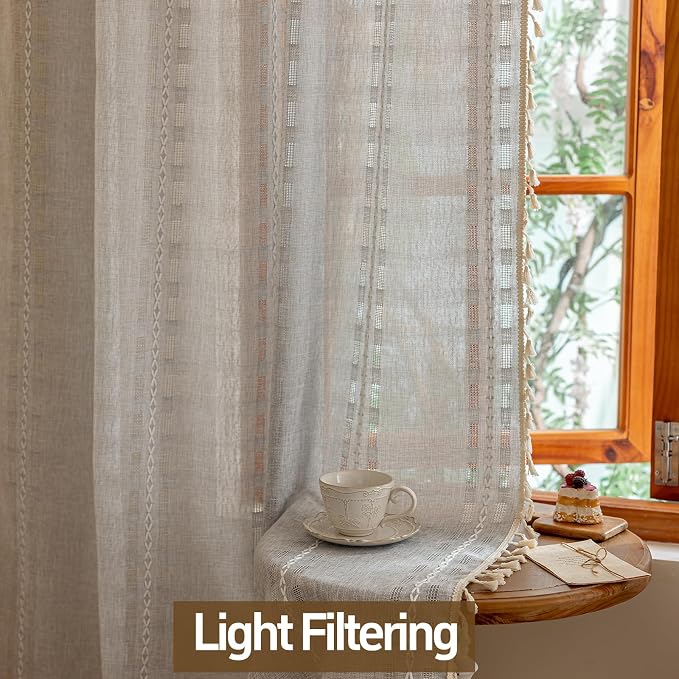 Light Gray Boho 96 inch curtains 2 panel set for Living Room Dining room floor to ceiling , Light Filtering Tassels Privacy Country Vintage Embroidery Bohemian Stripes Window Treatment Back Tab, 50"W