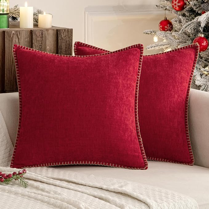 MIULEE Pack of 2 Pillow Covers 18x18 Inch Red Farmhouse Decorative Throw Pillow Covers with Stitched Edge Soft Chenille Solid Dyed Couch Pillow Covers for Sofa Bed Living Room
