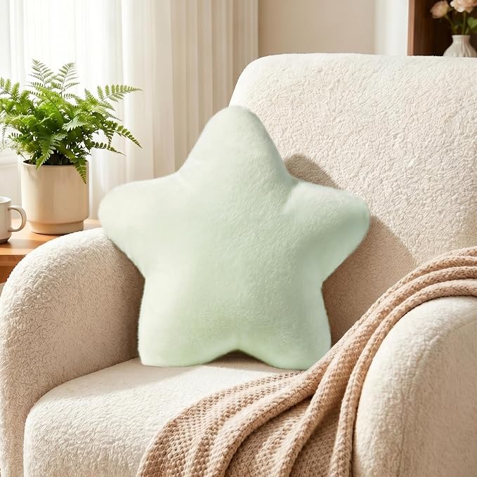 Star Shaped Pillow 15.4" Light Green Soft Cute Decorative Throw Pillows | Fluffy and Comfortable Plush Pillow, for Couch Bed Sofa Bedroom Living Room Decor, Aesthetic Floor Cushions, Cuddling Pillows