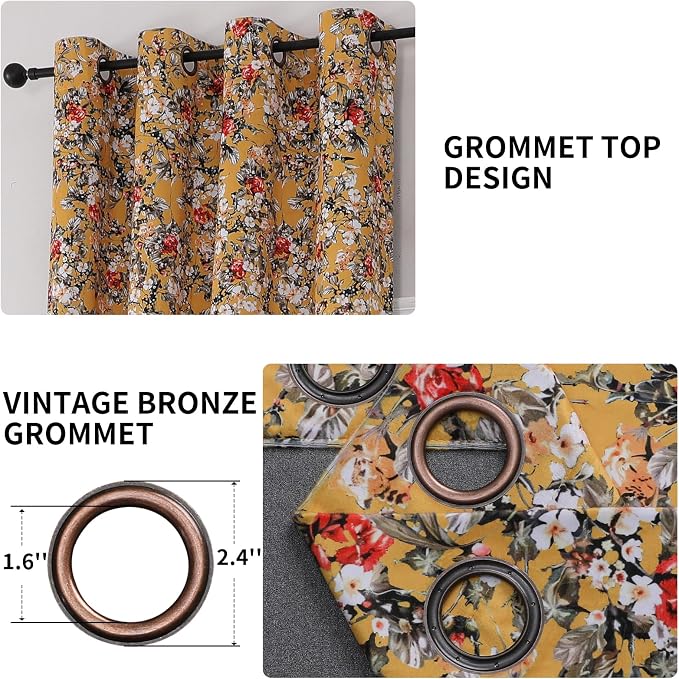 Estelar Textiler Mustard Yellow Luxury Velvet Floral Printed Curtains 2 Panels for Bedroom, Thermal Insulated Room Darkening Blackout Grommet Curtains & Drapes for Living Room and Farmhouse, 52Wx96L