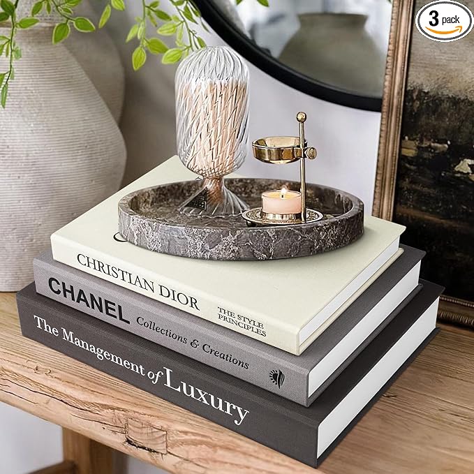 1DOT2 Aesthetic Decorative Books -Set of 3 Minimalist Linen Hardcover Faux/Fake Books,Decorative books for Home Decor Living Room Decoration,Photo Storage or as a Keepsake Box(Black-gray-beige-luxury)