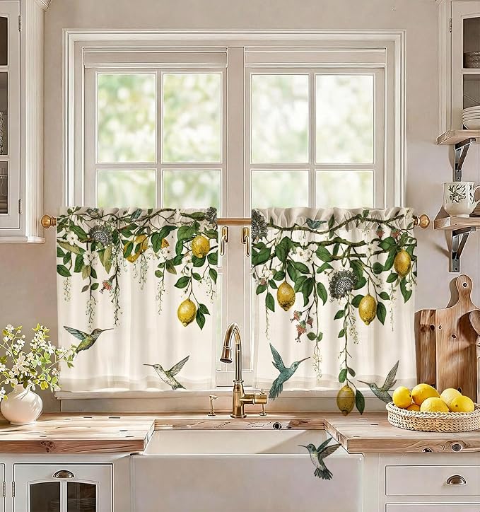 Miss Adola Farmhouse Kitchen Tier Curtains - 24 Inch Length Linen Blend Vintage Cafe Curtains Lemon Bird Small Window Treatments Over Sink Rod Pocket for Bathroom Living Room Light Filtering, 2 Panels