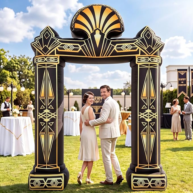 Seenelling 9 FT Roaring 20s Theme Giant Inflatable Archway Decoration Great Black Gold Geometric Arch Built-in LED Lights for 1920s Party Speakeasy Roaring Music Theme Party Supplies