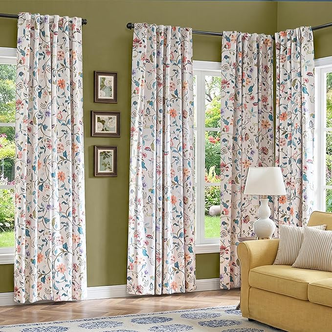 jinchan Hattie Beige Floral Blackout Curtains 84 Inch Length – Room Darkening Vintage Curtains Cream Botanical Drapes for Living Room & Bedroom, Elegant Farmhouse Window Panels, Set of 2 Panels