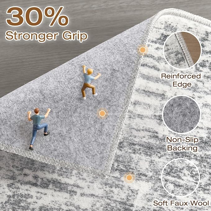 Runner Rug Non-Slip Kitchen Rug: 2x6 Washable Abstract Modern Soft Stain Resistant Indoor Floor Neutral Accent Throw Carpet for Hallway Bathroom Laundry Room Bedroom Entryway- Grey