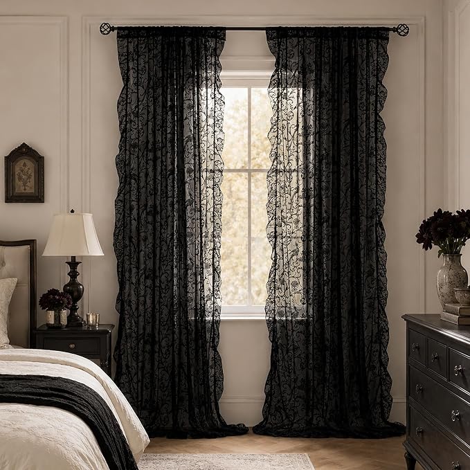 TUDECO Black Sheer Curtains 84 Inches Long - Shabby Chic Knitted Floral Lace Curtains Privacy Goth/Witchy Dark Window Treatments for Living Room Rod Pocket French Decor 1 Pair, 59 x 84 Inch