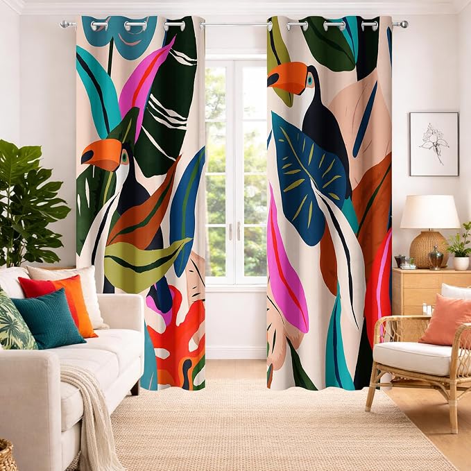 Colorful Tropical Blackout Curtains, Abstract Palm Leaf Boho Jungle Toucan Birds Window Drapes, Darkening Grommets for Living Room Bedroom Decor 2 Panels 52"X84" Inches