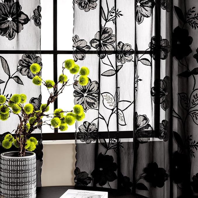 Treatmentex Black Sheer Lace Curtains for Bedroom Living Room Studio 102inch Long Vintage Rose Floral Embroidered Semi Sheer Curtain Panels Privacy Leaf Sheer Drapes with Scalloped Edge 54" w 2pcs