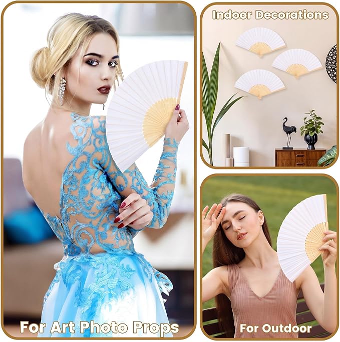 Qunclay 300 Pcs Paper Hand Fans Bulk Bamboo Folding Handheld Wedding Fans for Bridal Dancing Party Favors Church Home Decoration Gift DIY Supplies Stage Props in OPP Individual Package (Pure White)