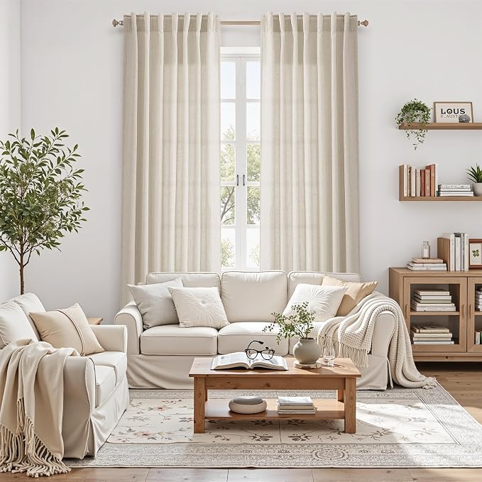 Boho Linen Curtains for Living Room 126 Inches Long Light Filtering Semi Sheer Curtain Back Tab Boho Eclectic Home Decor Farmhouse Drapes Floor to Ceiling High Window for Bedroom 52x126, 2 Panels