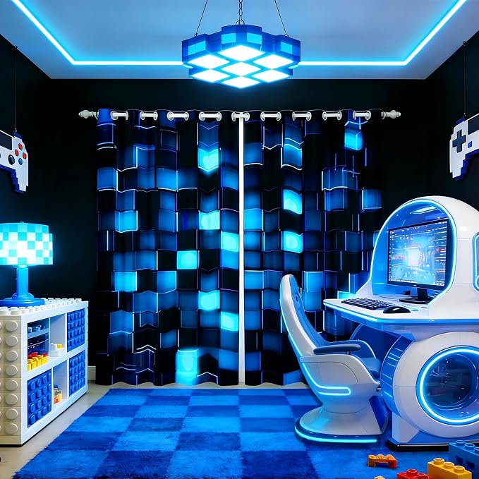 Castle Fairy Neon Blue Grid Window Curtain | Video Games Blackout Curtain for Teens Bedroom Decor,Geometric Pixelated Block Curtains 3D Block Theme Living Room Top 2 Panels,42Wx90L