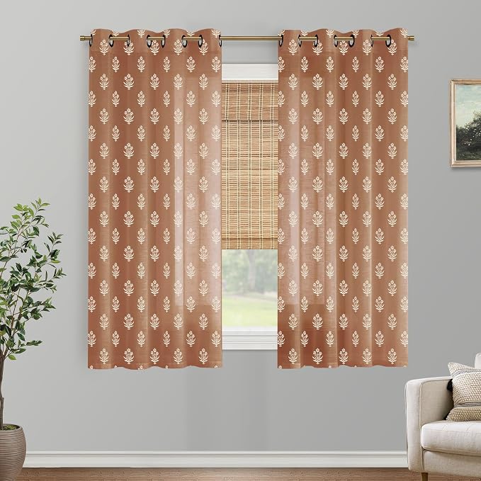 Boho Curtains 63 Inch Length for Living Room,Sheer Printed Farmhouse Vintage Earthy Copper Red Terracotta Rust Colored Retro Curtains for Bedroom Kitchen 2 Panel Sets 63 Inches Long