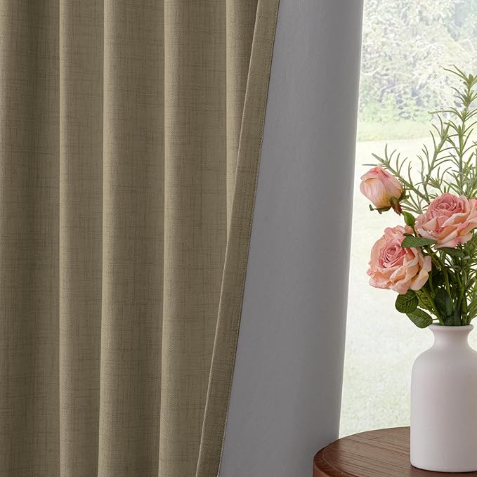 INOVADAY 100% Blackout Curtains 90 Inches Length 2 Panels Set, Back Tab/Rod Pocket Linen Black Out Curtains for Bedroom, Thermal Insulated Window Drapes - Earthy Beige, W50 X L90
