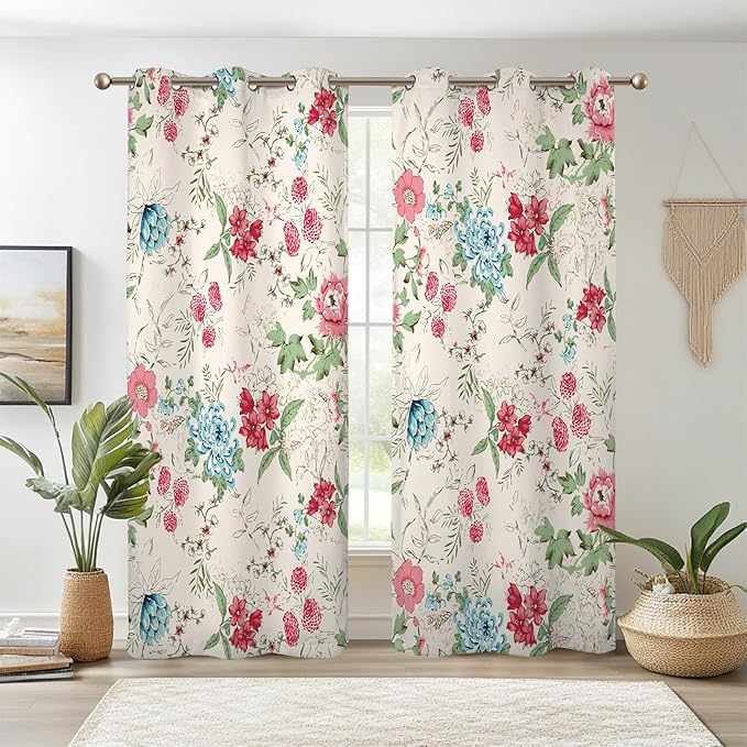 Renaiss Boho Flower Blackout Curtains Wild Blue Pink Floral Thermal Insulated Window Drapes for Bedroom 29W x 55L inches 2 Panel Set Beige Window Curtain Panels for Kitchen
