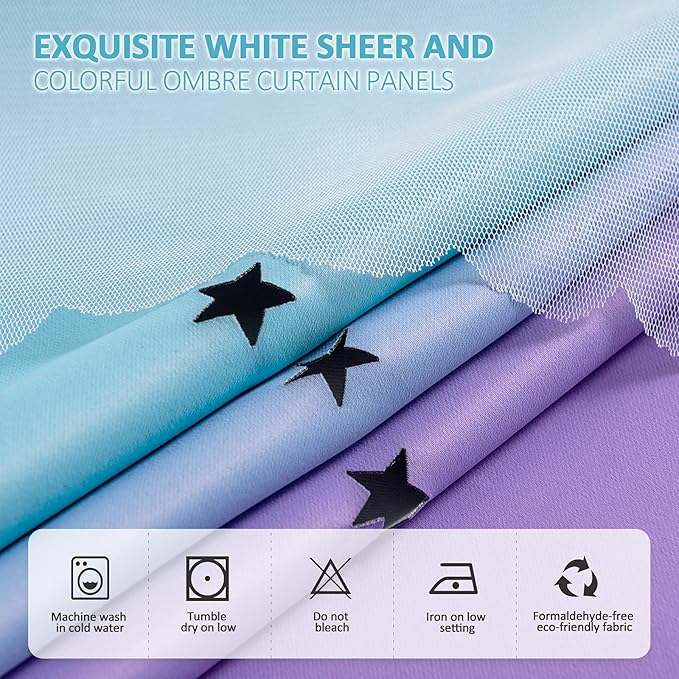 Stiio Star Cutout Curtains for Girls Bedroom 2 Panels, 2 in 1 Light Blocking Blackout Curtains with Sheer Grommet Window Drapes for Living Room Kids Room, W52 x L95 inches, Blue Purple