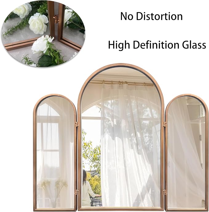 BAODANFU 3 Way Mirror Bathroom, Trifold Vanity Mirrors for Bathroom Bedroom, Large Arch Mirrors Decorative Vintage Gold, Adjustable Makeup Mirror for Braiding Hair 360° Way Tabletop & Wall Mounted
