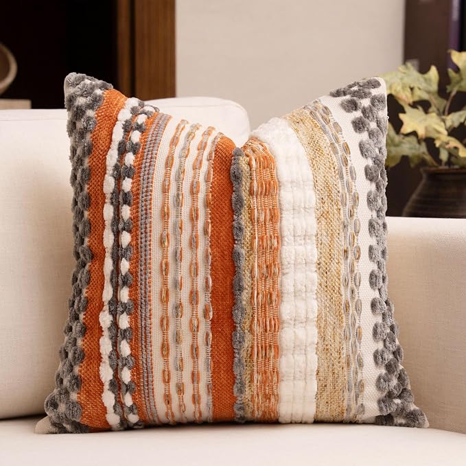 Boho Chenille Tufted Throw Pillow Covers 18x18 Inch Set of 2 Farmhouse Orange Grey Woven Striped Decorative Pillowcases for Couch Sofa Bed
