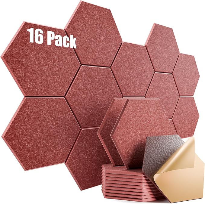 16 Pack Self-Adhesive Acoustic Panels 12" X 10" X 0.4" - Sound Proof Foam Panels for Wall with High Density, Hexagon Design, Flame Resistant, Absorb Noise and Eliminate Echoes(Red)