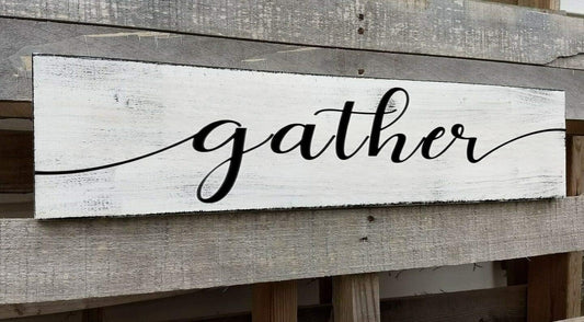 Gather Signs for Home Decor White, Rustic Farmhouse Dining Room Decor Wood Wall Hanging Plaque Gather Wall Decor for Living Room Kitchen Signs 6x18 Inch