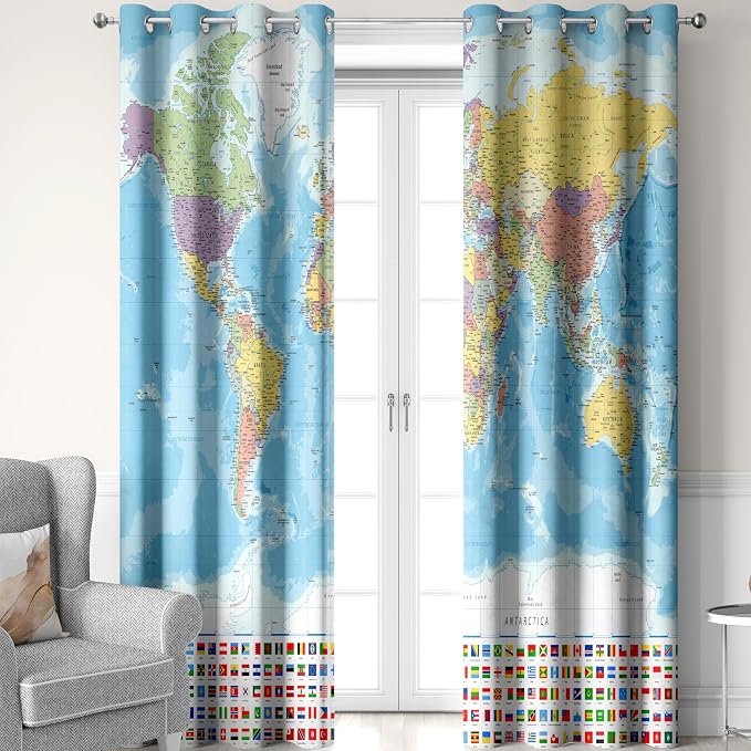 iTapnoom World Map Blackout Curtain, Map of The World with National Educational Fabric Window Curtains, Thermal Insulated Window Drapes for Living Room Bedroom Decor 2 Panels 52 x84 Inches