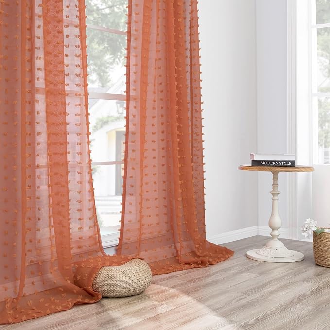 DANCURTON Rust Orange Sheer Curtains 96 Inches Long 2 Panels Living Room 52 Inch Width Boho Farmhouse Sheer Window Curtain Pom Pom Tuft Semi Curtains for Girl Kids Bedroom Back Tab 52x96 Burnt Orange