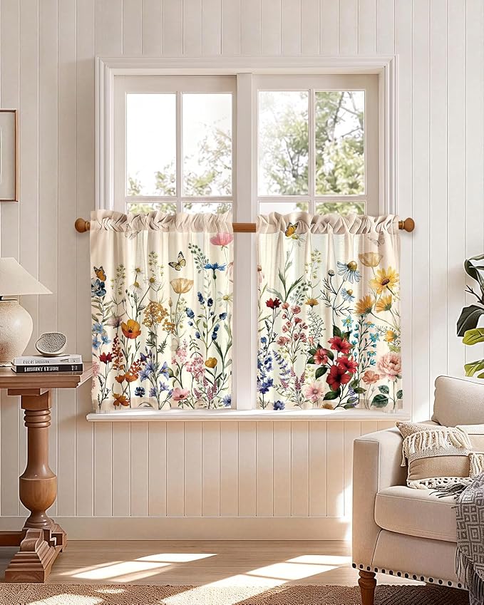 Miss Adola Floral Kitchen Tier Curtains - 30 Inch Length Linen Blend Farmhouse Cafe Curtains Vintage Small Window Treatments Over Sink Rod Pocket for Bathroom Living Room Light Filtering, 2 Panels
