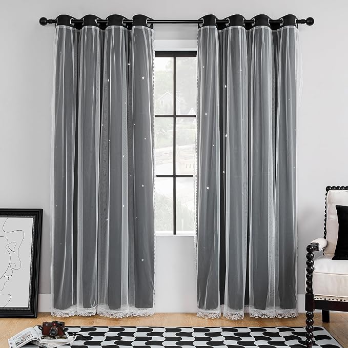 XiDi Black Out Curtains, Curtains for Girls Bedroom Decor, Unicorn Curtains for Kids Room, Black and White Curtains Blackout Curtains for Living Room 52 inches Wide 2 Panel Black