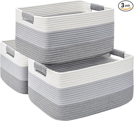 3 Pack Large Storage Basket for Organizing, 17.5"x13"x7" Woven Basket for Shelves, Closet Cube Storage Bins with Wrapped Handle, Cotton Rope Baskets for Kitchen, Clothes, Toys(Gradient Grey)