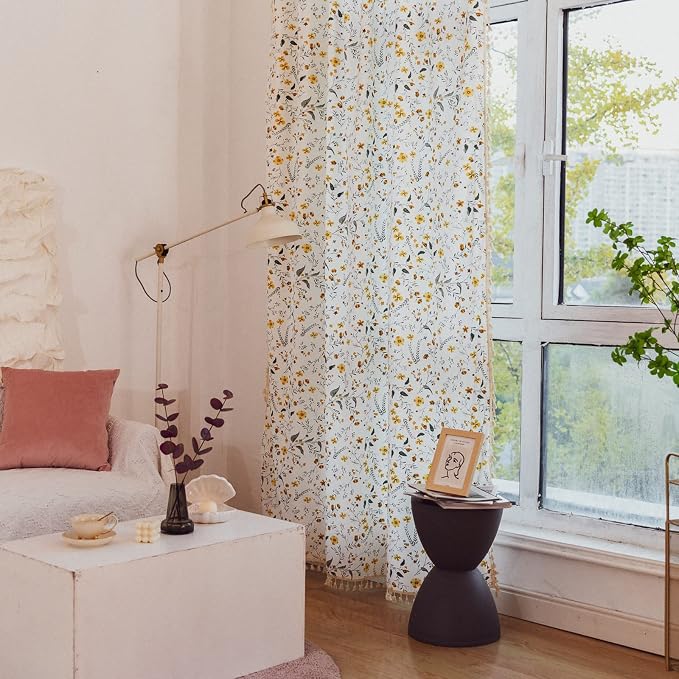 Sutuo Home Boho Curtain Semi-Blackout Vintage Florals Print Cotton Linen Fabric, Handmade Tassels Rod Pocket Bohemian Farmhouse Country Window Drape for Living Bedroom, 59" W x 63" L, 1 Panel