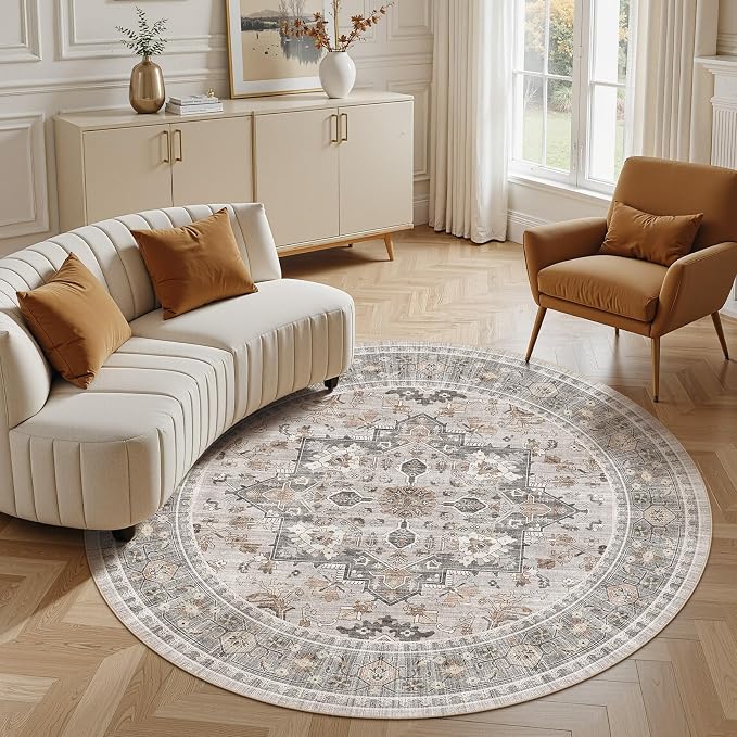 6ft Round Area Rug: Washable Vintage Neutral Soft Non Slip Thin Large Floor Carpet for Living Room Bedroom Kitchen Dining Room Home Office Farmhouse Indoor - Taupe