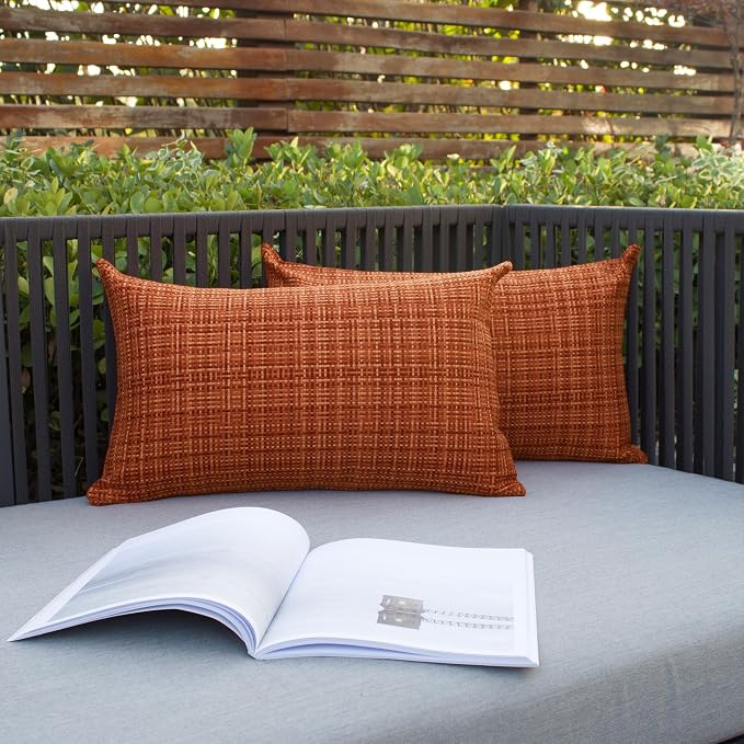 Kevin Textile Fall Pack of 2 Decorative Outdoor Waterproof Pillow Covers Garden Cushion Sham Throw Pillowcase Shell for Patio Tent Couch 12x20 Inch Burnt Orange