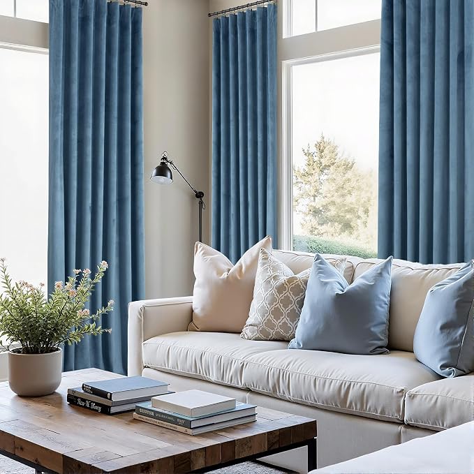Blue Velvet Curtains 72 Inch Length for Boys Room Back Tab Rod Pocket 2 Panels Noise Reduction Darkening Curtains for Bedroom Living Room French Door Closet Stone Blue Satin Silk Textured 52x72 Long