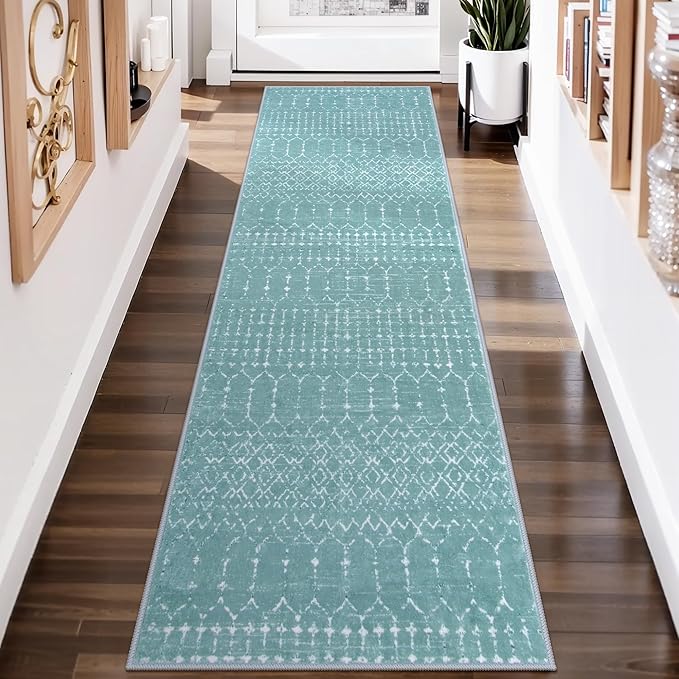 Lahome Moroccan Washable Runner Rug 2x8 Green Non-Slip Rug Runner for Hallway Stain Resisitant Kitchen Carpet, Geometric Print Distressed Soft Untra-Thin Floor Carpet for Kitchen Bedroom Entryway Hana