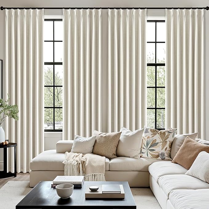 MIULEE Pinch Pleated Blackout Curtains Extra Wide 60 Inches, Natural Linen Blend for Sliding Doors, Memory Trained Thermal Insulated Drapes for Bedroom Living Room, 96 Inches Long, 2 Panels