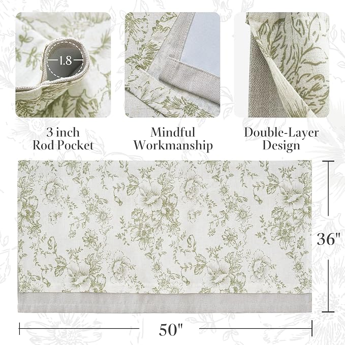jinchan Linen Kitchen Curtain 36 Inch French Floral Double Layer Curtain Farmhouse Vintage Tier Drape Rustic Half Window Curtain for Living Room Window Treatment Rod Pocket 1 Panel Green on Beige