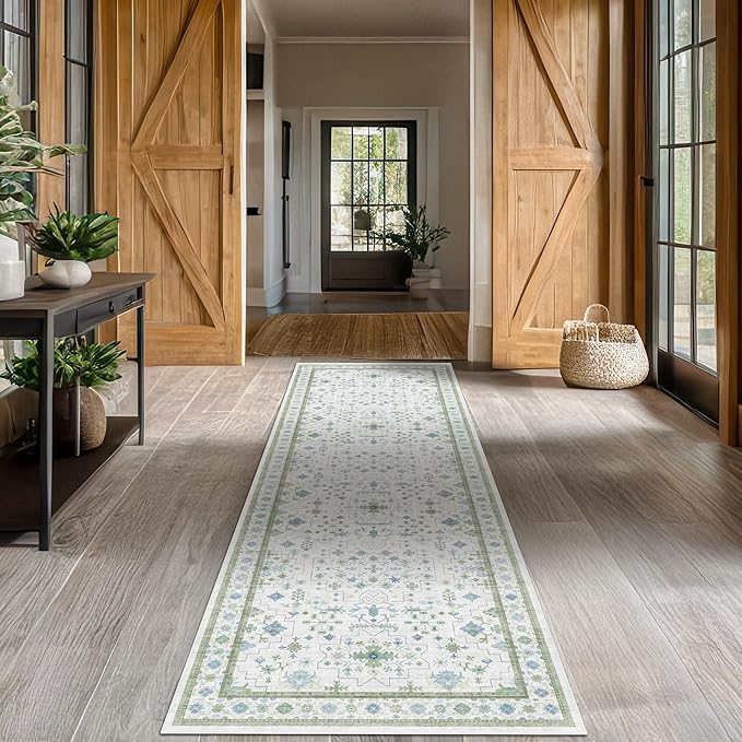 Hazo Haus Oushak 3x20 Wide Hallway Runner Rug - Vintage Turkish Floral, Washable Low Pile Non Slip 20ft Extra Long Runners for Large Kitchen, Hall Way - Blue and Green Décor